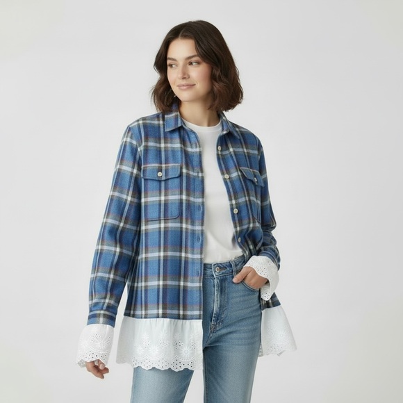 Hand Crafted Tops - Plaid Button-Front Shirt with Eyelet Hem